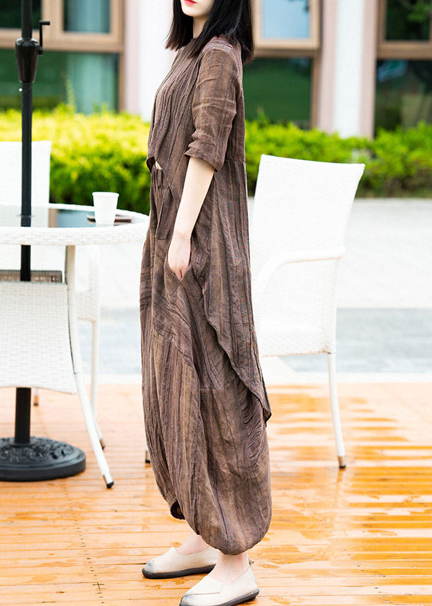 Vintage Coffee O-Neck Asymmetrical Linen Top And Lantern Pants Two Pieces Set Summer