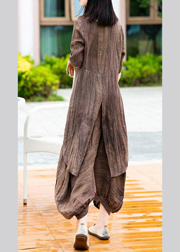 Vintage Coffee O-Neck Asymmetrical Linen Top And Lantern Pants Two Pieces Set Summer