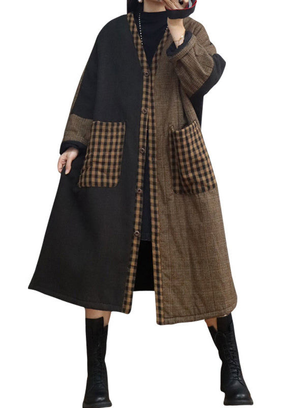 Vintage Coffee Plaid Pockets Patchwork Thick Long Coat Fall