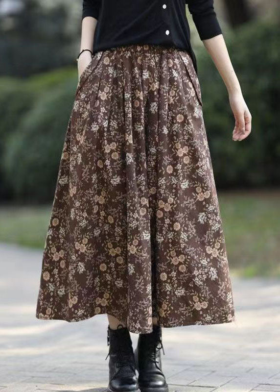 Vintage Coffee Print Elastic Waist Maxi Skirts Fall