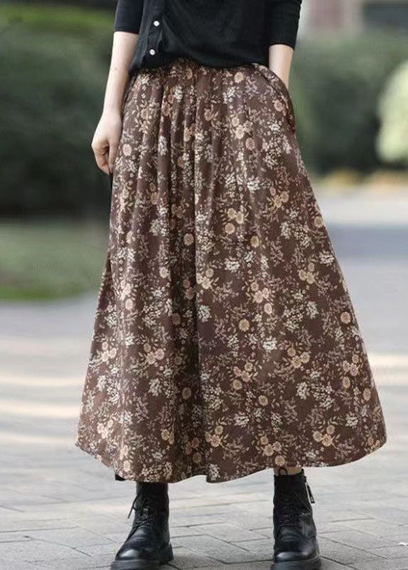 Vintage Coffee Print Elastic Waist Maxi Skirts Fall