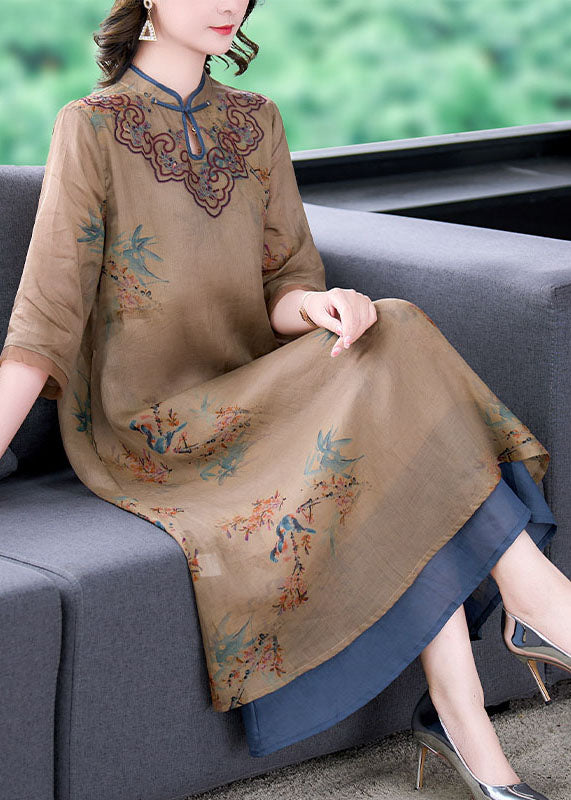 Vintage Coffee Stand Collar Embroideried Patchwork Linen Long Dresses Summer