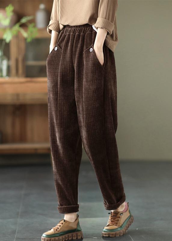 Vintage Coffee Thick Button Pockets Straight Casual Fall Pants - Omychic
