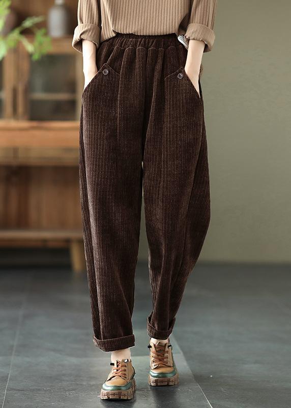 Vintage Coffee Thick Button Pockets Straight Casual Fall Pants - Omychic