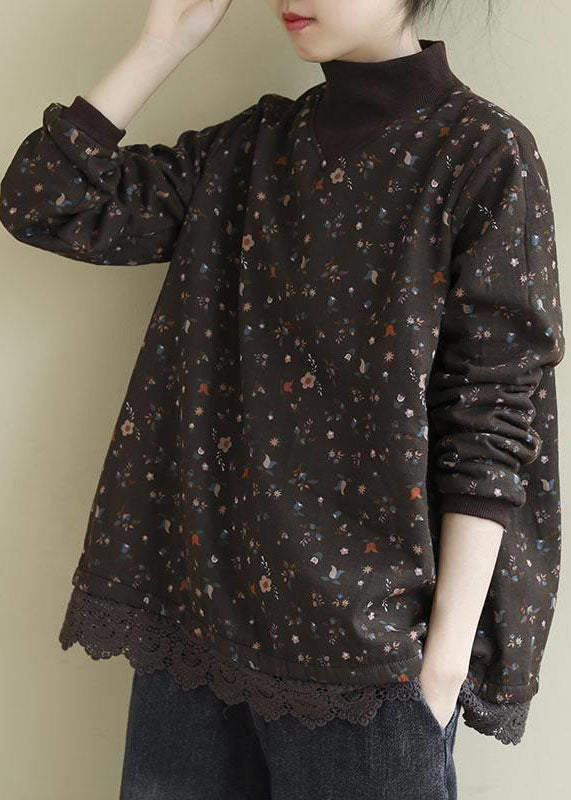 Vintage Coffee Turtleneck Print Lace Patchwork Fleece Sweatshirts Long Sleeve