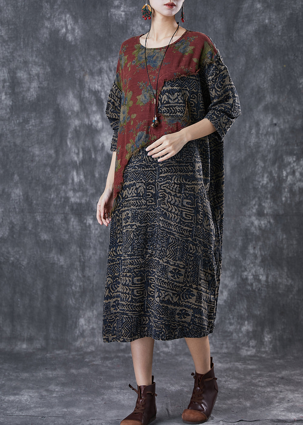 Vintage Colorblock Asymmetrical Patchwork Linen Loose Dress Spring