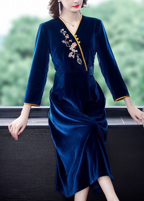 Vintage Dark Blue V Neck Embroideried Floral Silk Velour Holiday Dress Long Sleeve