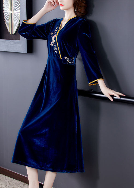 Vintage Dark Blue V Neck Embroideried Floral Silk Velour Holiday Dress Long Sleeve