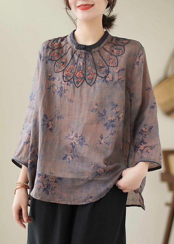 Vintage Dark Purple Embroidered Print Linen Tops Spring - Omychic