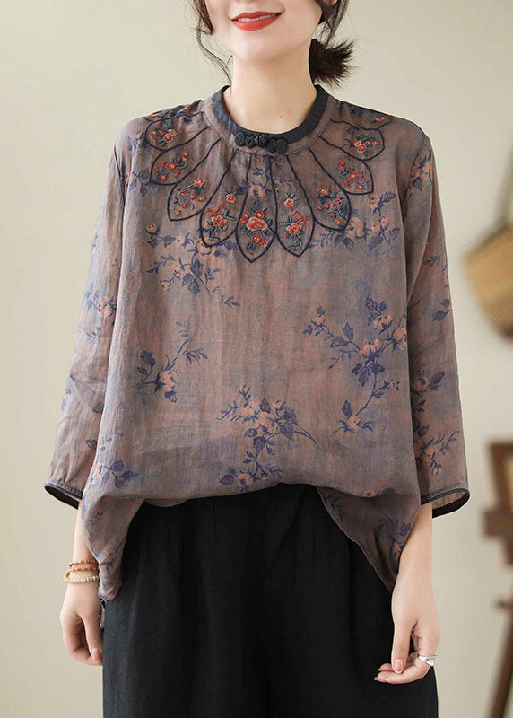 Vintage Dark Purple Embroidered Print Linen Tops Spring