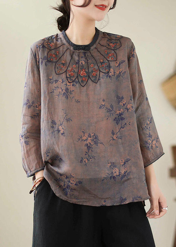 Vintage Dark Purple Embroidered Print Linen Tops Spring