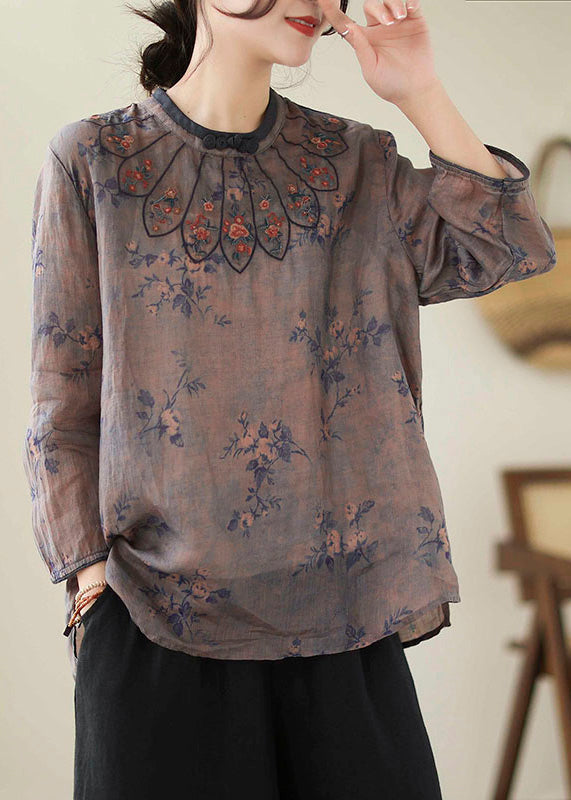 Vintage Dark Purple Embroidered Print Linen Tops Spring