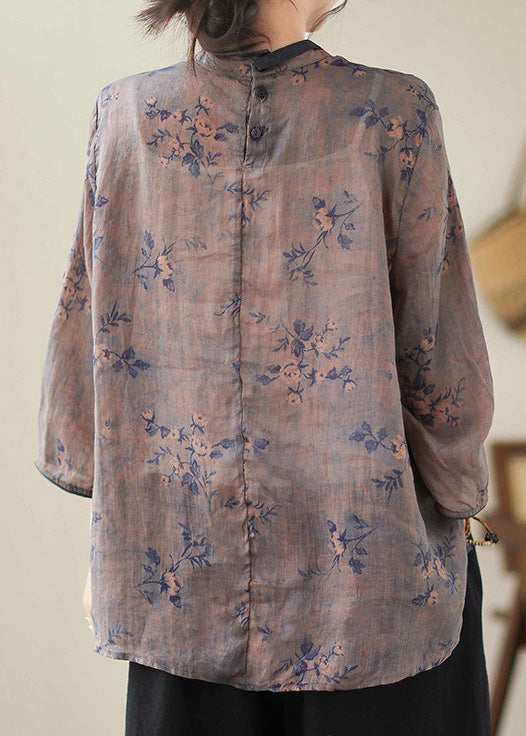 Vintage Dark Purple Embroidered Print Linen Tops Spring