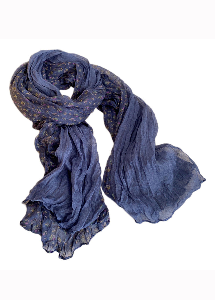 Vintage Deep Blue Print Pleated Cotton Scarf