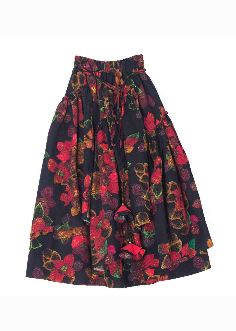 Vintage Floral Wrinkled Asymmetrical Print Patchwork Cotton Skirt Fall
