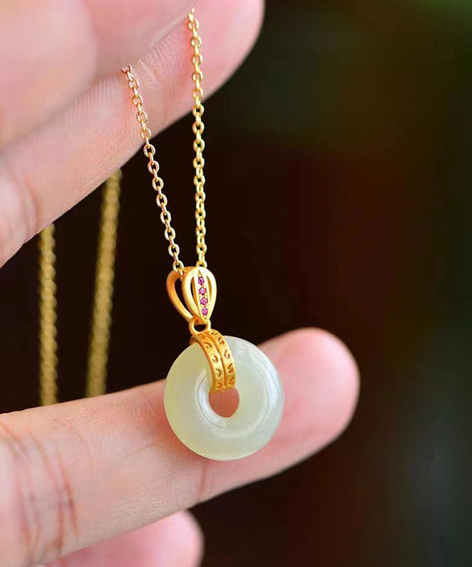 Vintage Gold Stainless Steel Alloy Jade Zircon Pendant Necklace