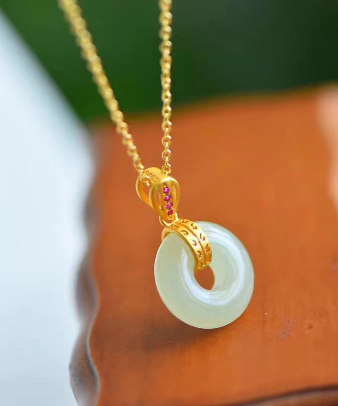 Vintage Gold Stainless Steel Alloy Jade Zircon Pendant Necklace