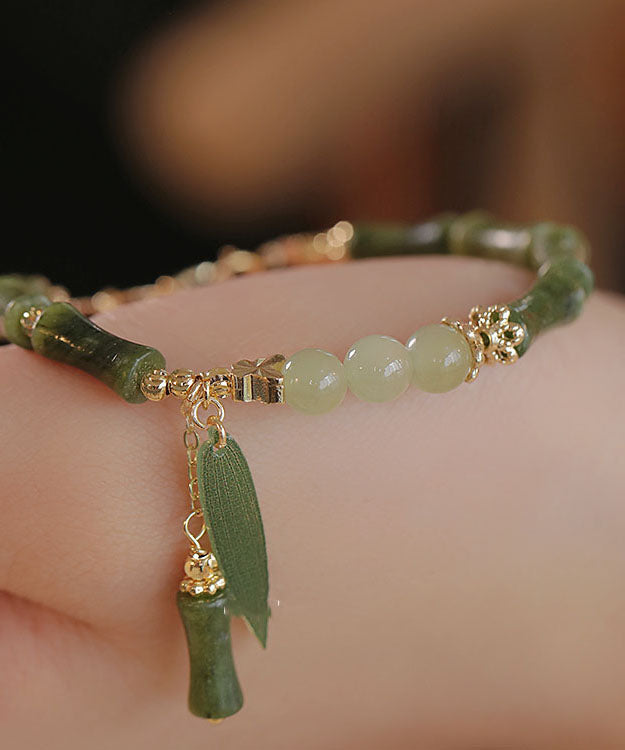 Vintage Green 14K Gold Jade Bamboo Charm Bracelet