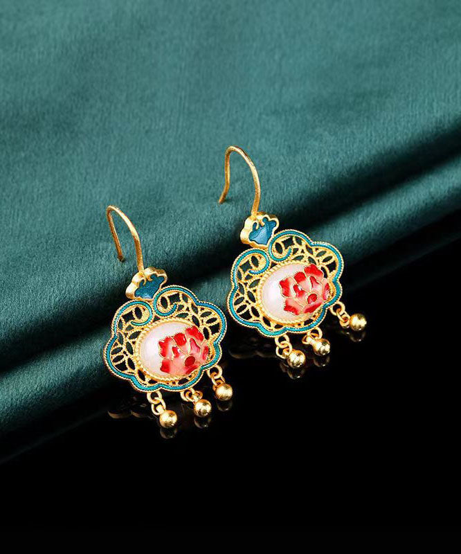 Vintage Green Ancient Gold Jade Enamel Tassel Drop Earrings