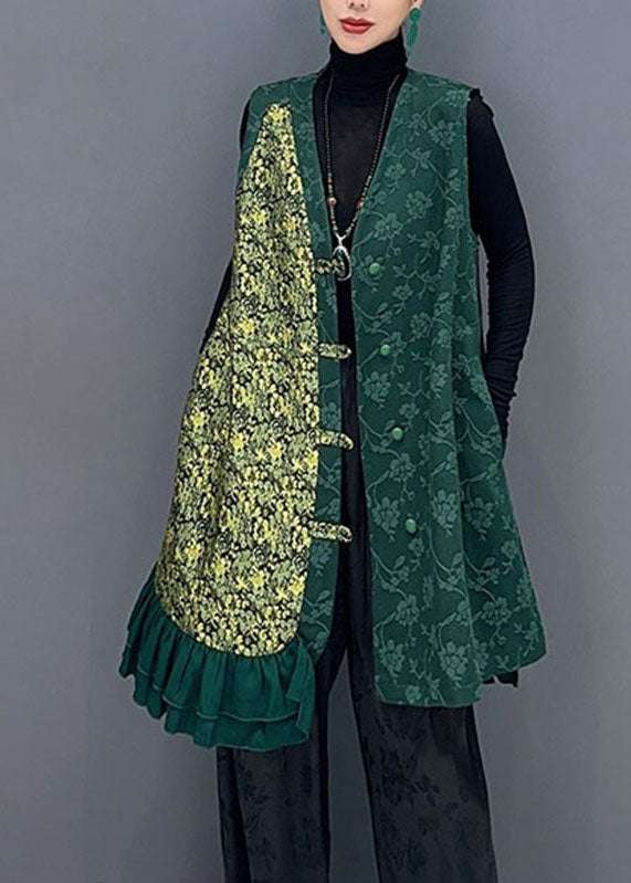 Vintage Green Asymmetrical Patchwork Button Waistcoat Fall