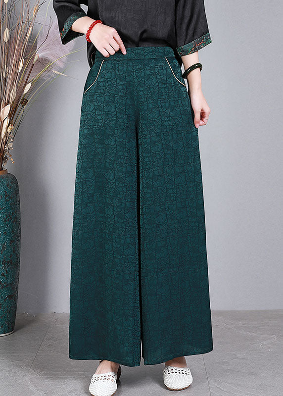 Vintage Green Elastic Waist Pockets Wrinkled Silk Wide Leg Pants Summer