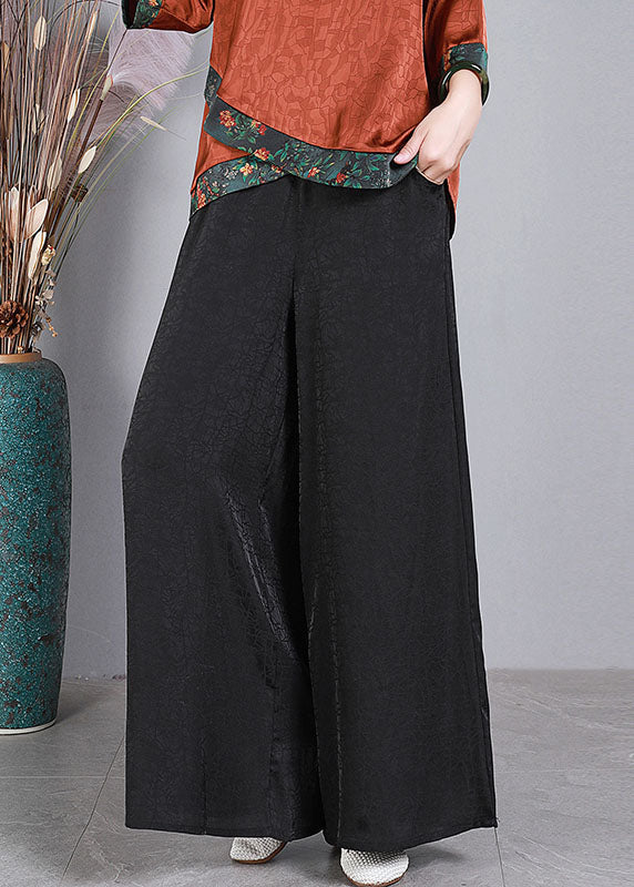 Vintage Green Elastic Waist Pockets Wrinkled Silk Wide Leg Pants Summer