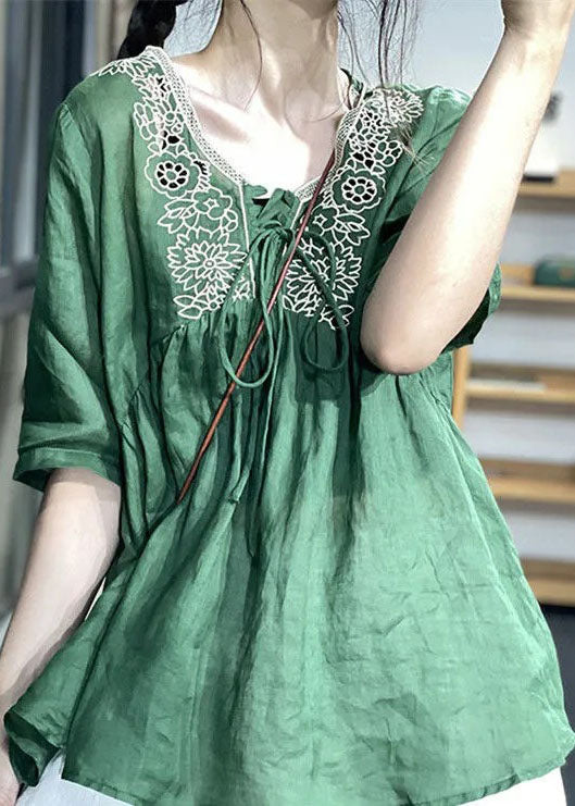 Vintage Green Embroideried Patchwork Lace Up Linen Top Short Sleeve