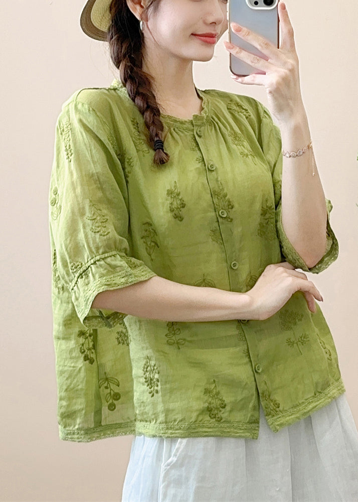 Vintage Green Embroideried Patchwork Linen Shirt Summer