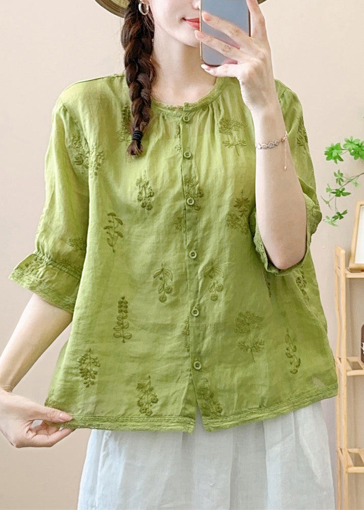 Vintage Green Embroideried Patchwork Linen Shirt Summer