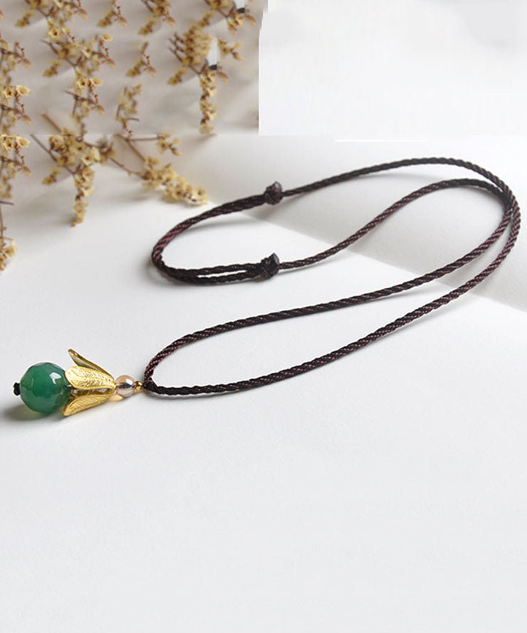 Vintage Green Hand Knitting Agate Golden Leaf Pendant Necklace