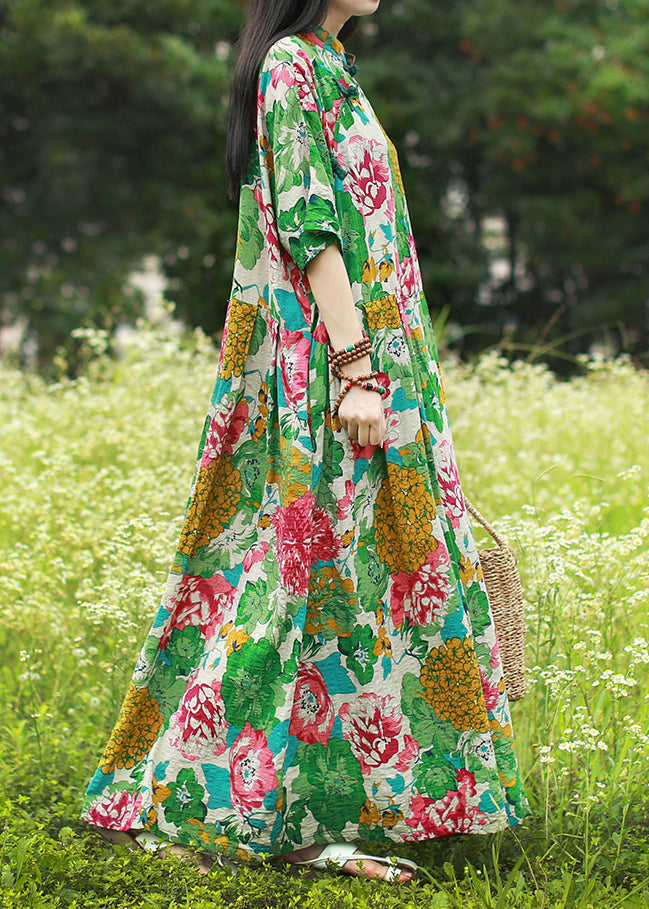 Vintage Green Mandarin Collar Cinched Print Maxi Dress Half Sleeve