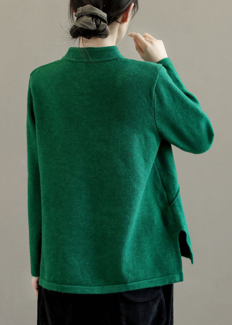 Vintage Green Mandarin Collar Embroideried Knit Sweaters Winter