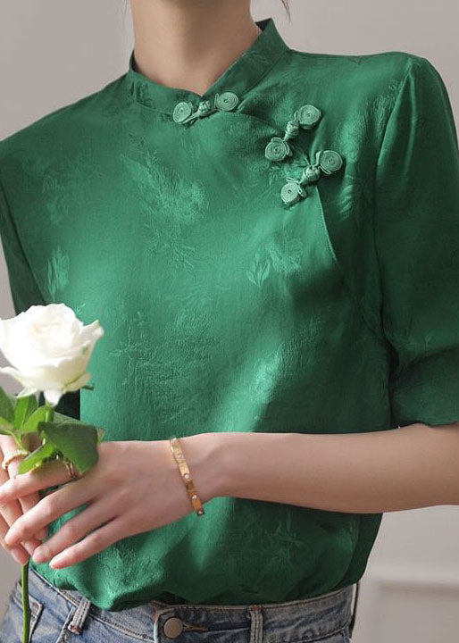 Chic Dull Red Print Chinese Button Silk Shirt Summer AP1065