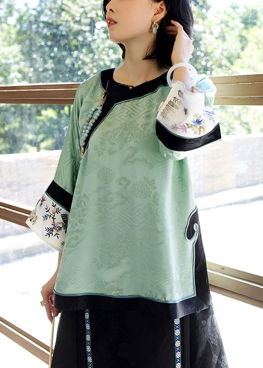 Vintage Green O-Neck Embroideried Patchwork Jacquard Silk Top Long Sleeve