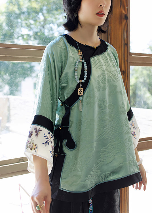 Vintage Green O-Neck Embroideried Patchwork Jacquard Silk Top Long Sleeve