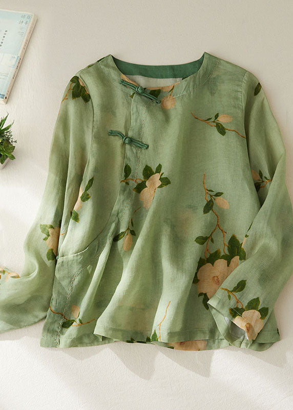 Vintage Green O Neck Print Patchwork Cotton Shirt Tops Long Sleeve