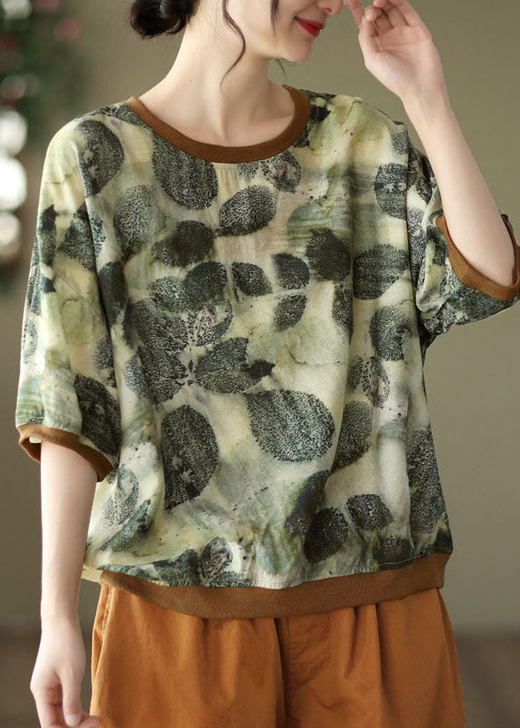 Vintage Green O Neck Print Patchwork Linen T Shirt Tops Summer