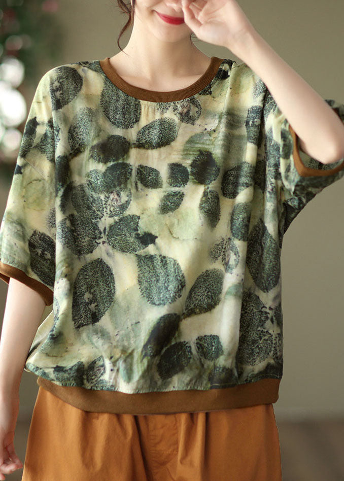 Vintage Green O Neck Print Patchwork Linen T Shirt Tops Summer