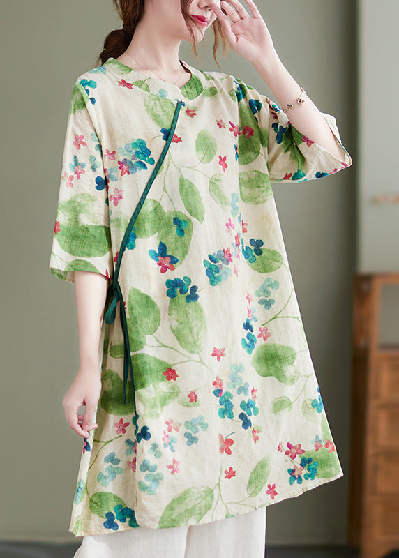 Vintage Green O-Neck Tie Waist Print Linen Dress Half Sleeve