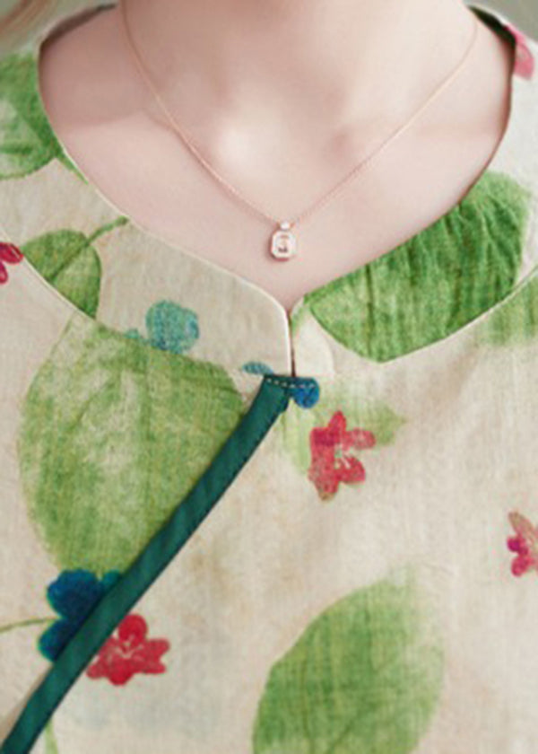 Vintage Green O-Neck Tie Waist Print Linen Dress Half Sleeve