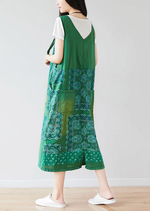 Vintage Green Oversized Print Cotton Strap Dress Spring