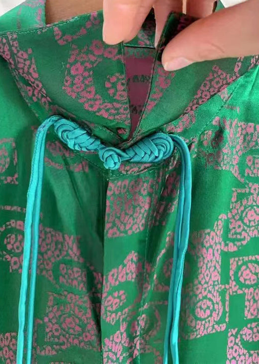 Vintage Green Peter Pan Collar Print Patchwork Silk Shirt Fall