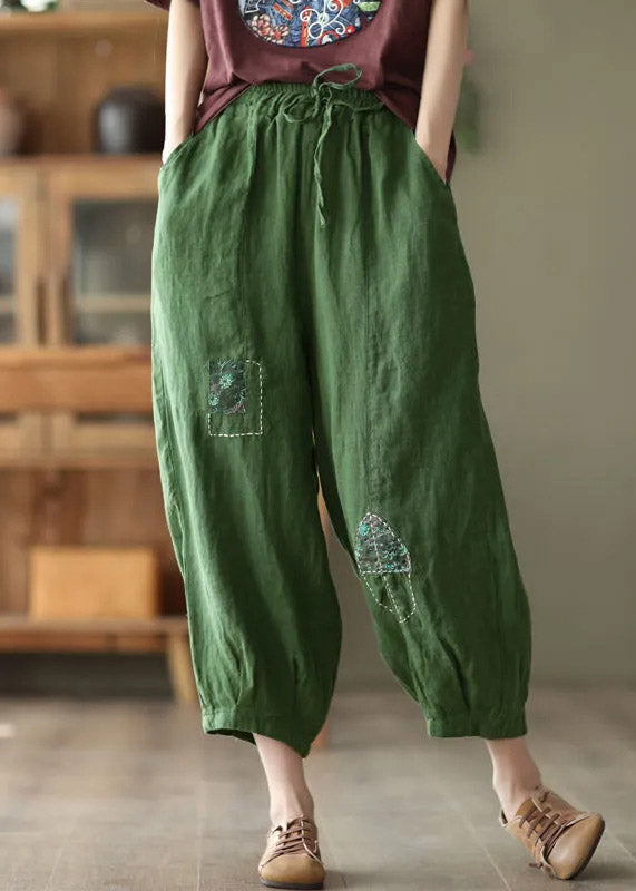 Vintage Green Pockets Print Elastic Waist Linen Harem Pants Summer