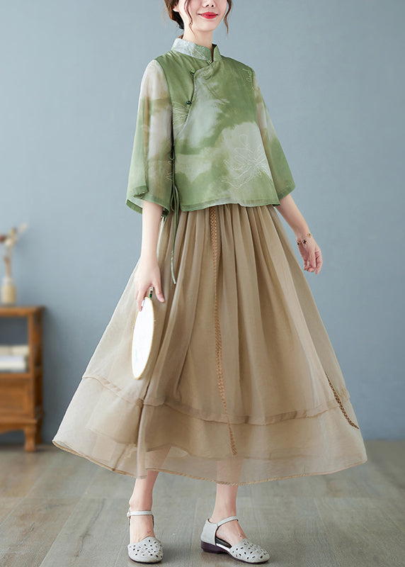 Vintage Green Print Chiffon Chinese Style Two Piece Set Women Clothing Summer