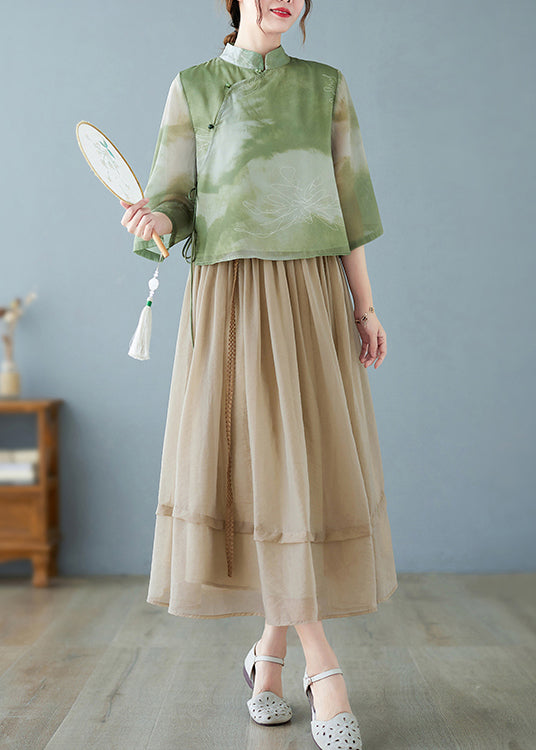 Vintage Green Print Chiffon Chinese Style Two Piece Set Women Clothing Summer