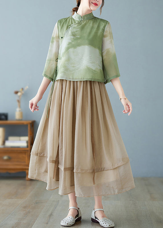 Vintage Green Print Chiffon Chinese Style Two Piece Set Women Clothing Summer
