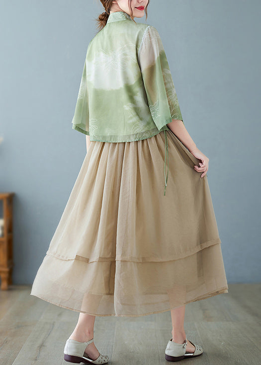 Vintage Green Print Chiffon Chinese Style Two Piece Set Women Clothing Summer