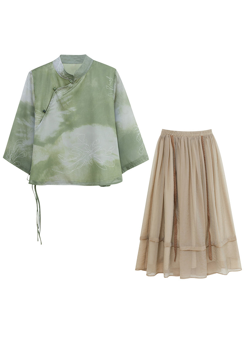 Vintage Green Print Chiffon Chinese Style Two Piece Set Women Clothing Summer