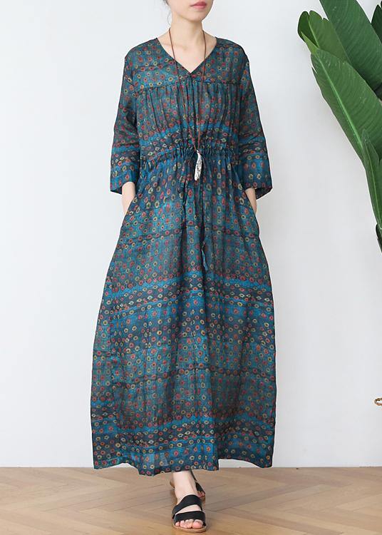 Vintage Green Print Cotton V Necktie Waist Spring Long Dress - Omychic