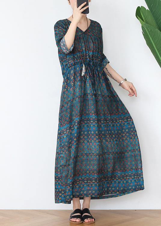 Vintage Green Print Cotton V Necktie Waist Spring Long Dress - Omychic